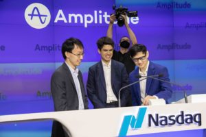 Amplitude co-founders: Spenser Skates (CEO), Curtis Liu (CTO) and Jeffery Wang (Chief Architect) sign the listing certificate at NASDAQ headquarters in New York City