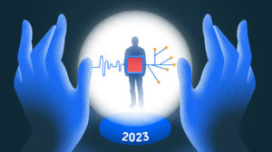 Illustration of crystal ball/hands-Biotech forecast 2023.