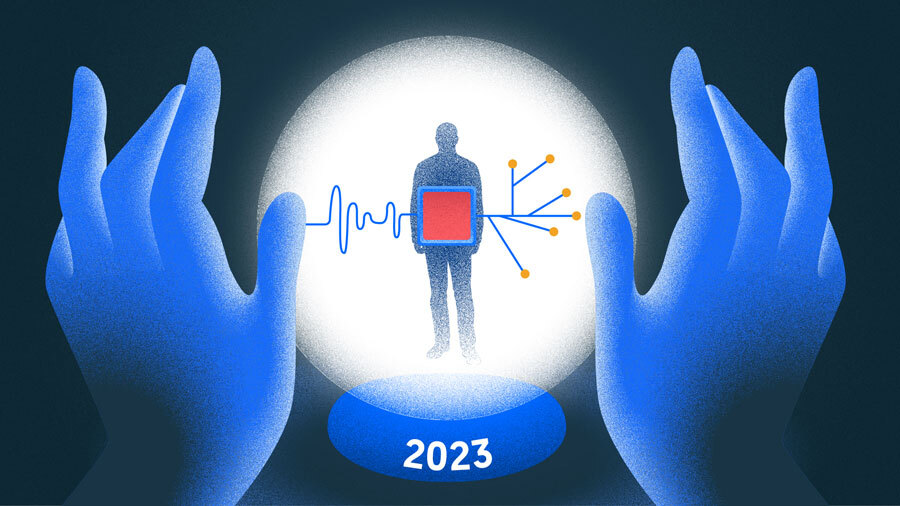 Illustration of crystal ball/hands-Biotech forecast 2023.
