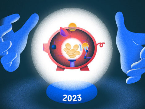 Illustration of crystal ball/hands-Fintech forecast 2023.