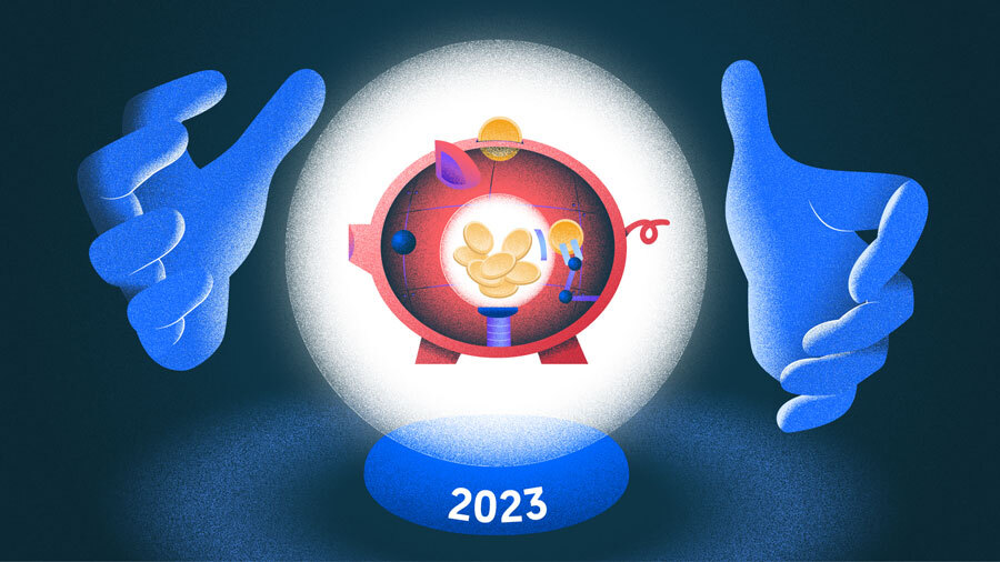 Illustration of crystal ball/hands-Fintech forecast 2023.