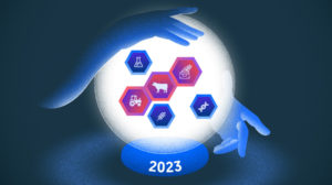 Illustration of crystal ball/hands-Shopping forecast 2023.