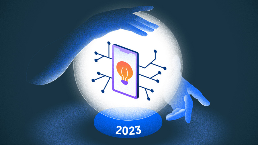 Illustration of crystal ball/hands-Tech forecast 2023.