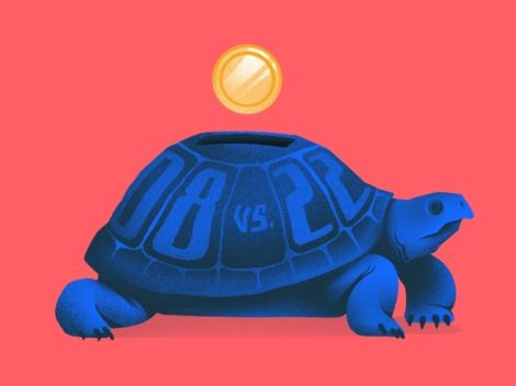 Illustration of turtle piggy bank with 08 vs 22 on it's shell