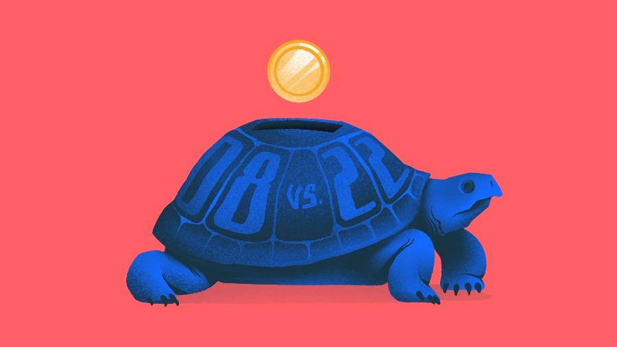 Illustration of turtle piggy bank with 08 vs 22 on it's shell