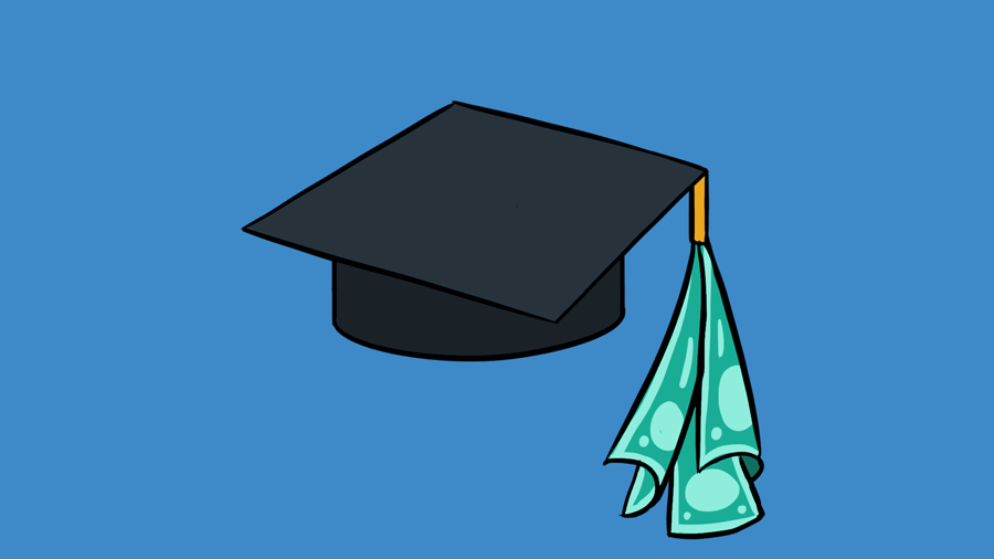 Illustration of graduation. cap with paper money tassle. [Li Anne Dias]