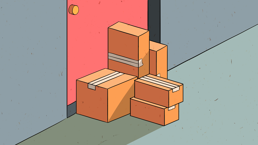 Illustration of delivery boxes outside a door. [Li Anne Dias]