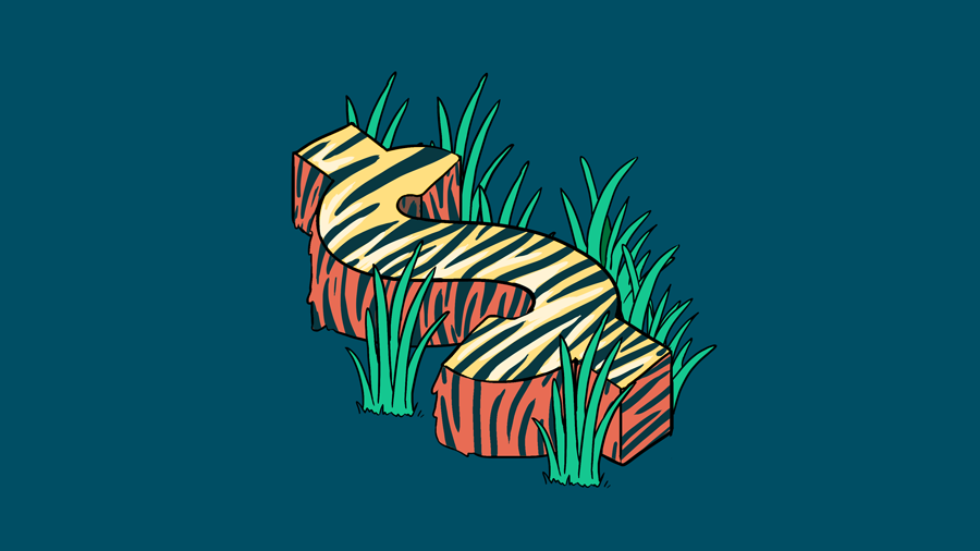 Illustration of a tiger-striped dollar sign in tall grass