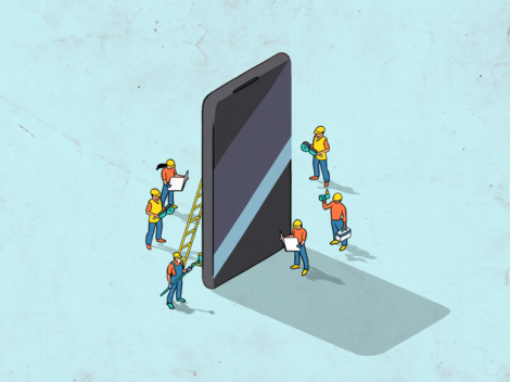 Illustration of blue-collar workers standing around a smartphone.
