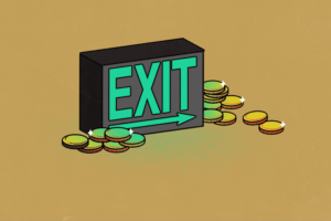 Illustration of an Exit sign surrounded by coins.