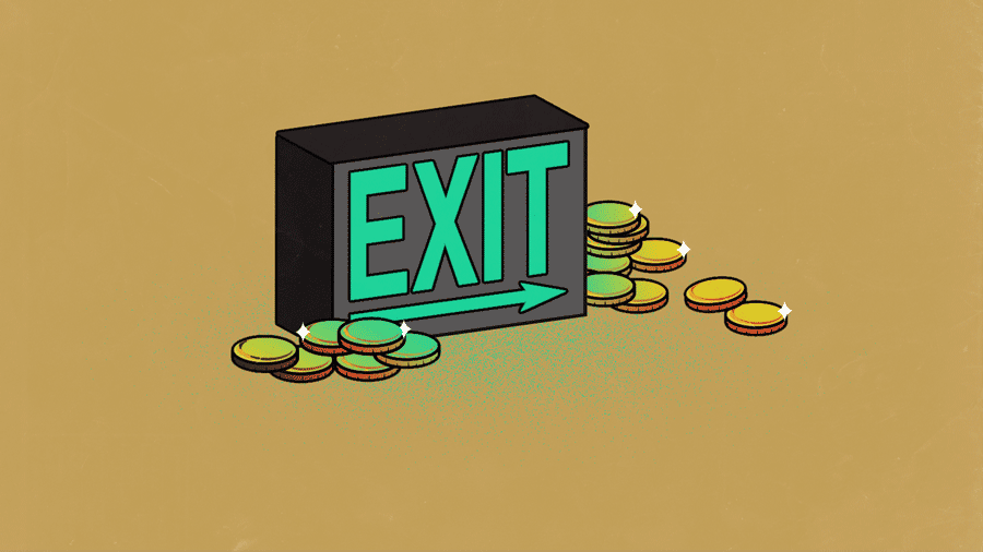 Illustration of an Exit sign surrounded by coins.