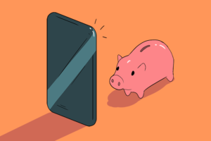 Illustration of a piggy bank looking at smartphone. [Dom Guzman]