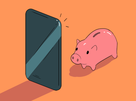 Illustration of a piggy bank looking at smartphone. [Dom Guzman]