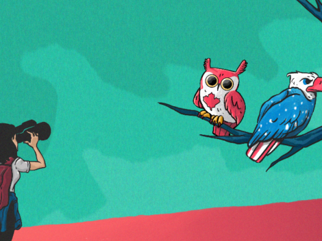 Illustration of female founder glassing Canadian owl and American eagle on branch. [Dom Guzman]
