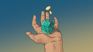 Illustration of a hand holding a house made of money.