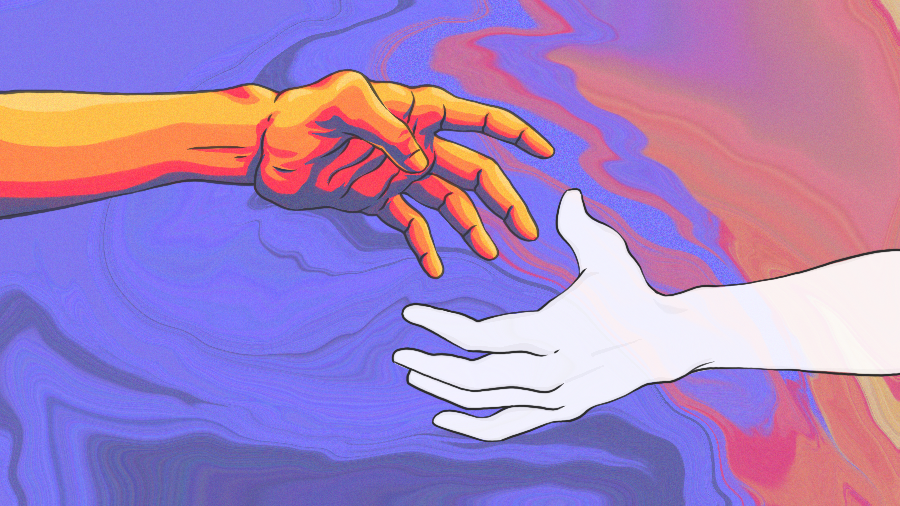Illustration of hands reaching toward each other.