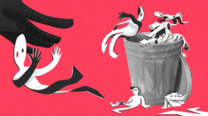 Illustration of paper people being tossed in the trash.