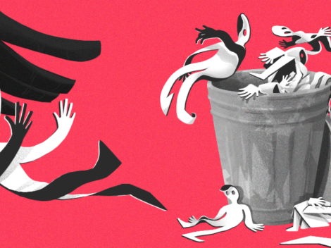 Illustration of paper people being tossed in the trash.