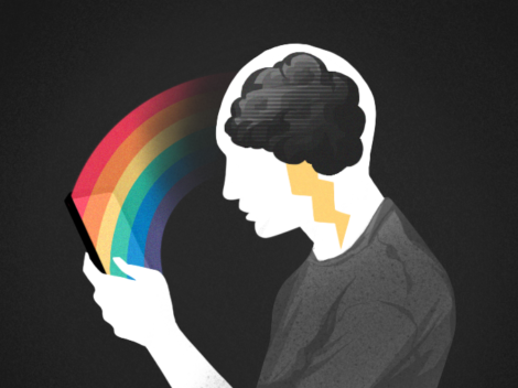 Illustration of man with mental issues looking at smartphone.