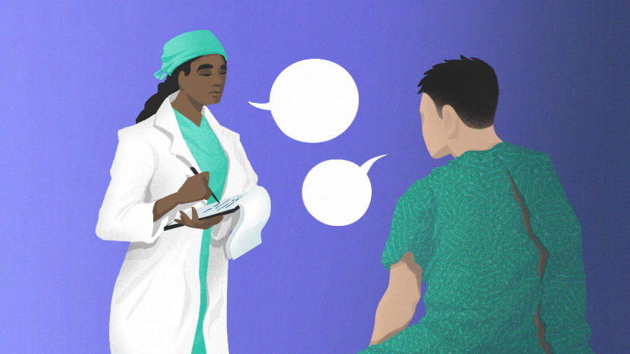 Illustration of doctor speaking to patient.