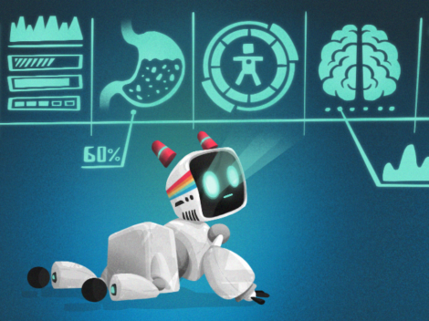 Illustration of robot baby with diagnostics.