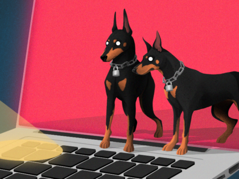 Illustration of guard dogs protecting computer.