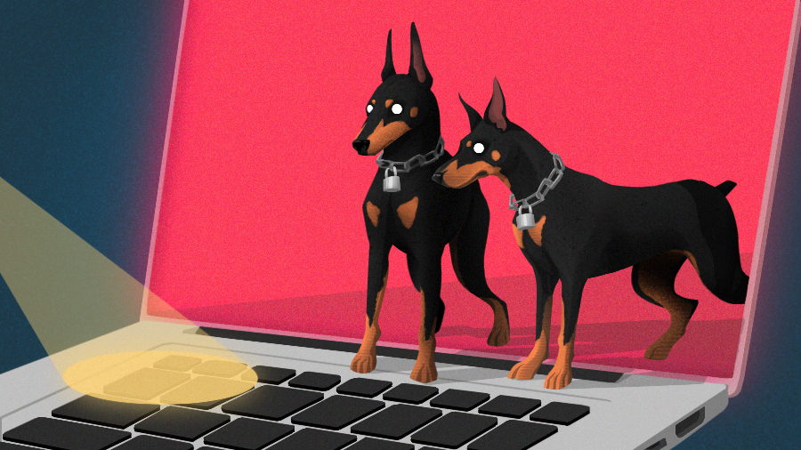 Illustration of guard dogs protecting computer.