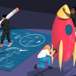 Illustration of people building a rocket ship