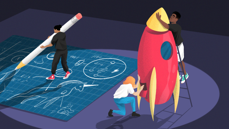 Illustration of people building a rocket ship