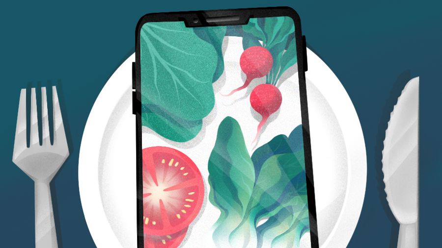 Illustration of fresh produce on smartphone screen.