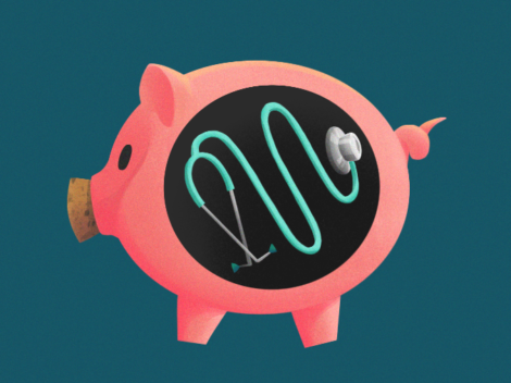 Illustration of piggy bank with stethoscope insides.