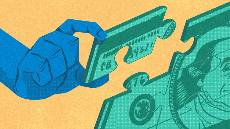 Illustration of putting a $100 bill puzzle together.