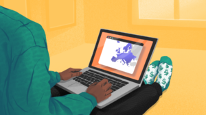 Illustration of laptop with map of Europe on user's lap. [Dom Guzman]