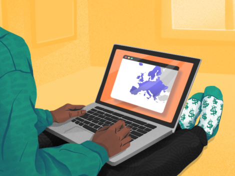 Illustration of laptop with map of Europe on user's lap. [Dom Guzman]