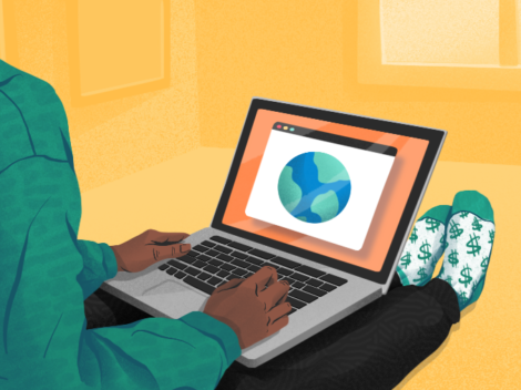 Illustration of laptop with map of Earth on user's lap. [Dom Guzman]