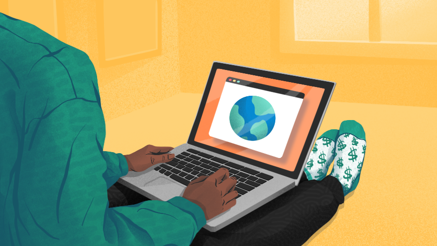 Illustration of laptop with map of Earth on user's lap. [Dom Guzman]
