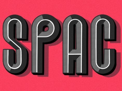 Illustration of SPAC in rounded letters with a red background.