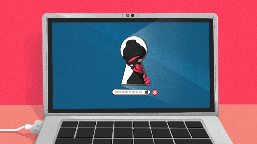 Illustration of masked thief peeking through keyhole on laptop screen.