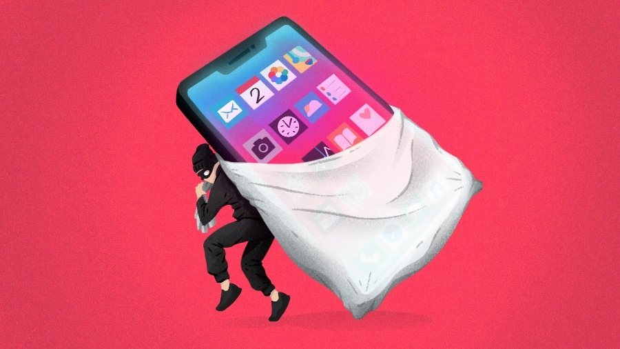 Illustration of masked thief sneaking away with huge smartphone in a pillowcase.