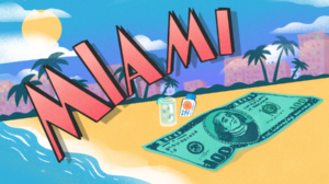 Illustration of beach in Miami with $100 bill beach towel.