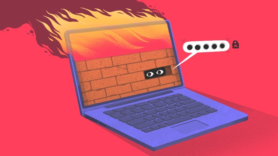 Illustration of laptop with firewall ablaze.