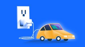 Illustration of electric car plugged into an outlet.