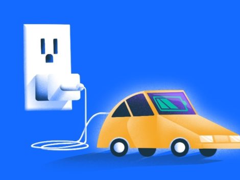 Illustration of electric car plugged into an outlet.