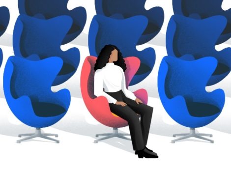 Illustration of lone woman in a group of chairs