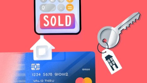 Illustration of credit card, house key and card reader on smartphone.