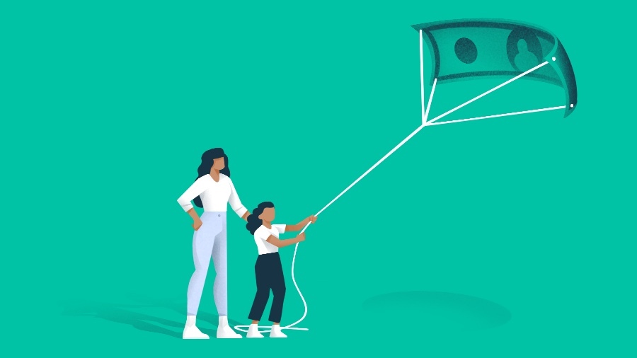 Illustration of mother/daugher flying a kite with dollar design