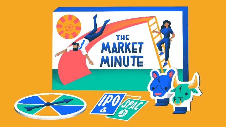 Illustration of a board game in the style of Chutes & Ladders named The Market Minute.