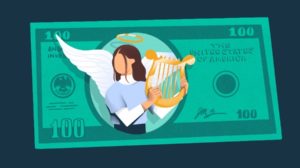 Illustration of $100 bill with harp-playing angel.