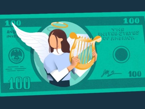 Illustration of $100 bill with harp-playing angel.