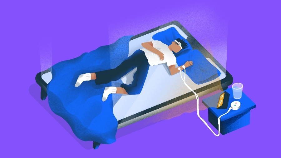Illustration of man sleeping while connected to monitor.